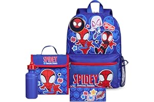 Marvel Spiderman Sac a Dos Enfant Set 4 Pcs Bouteille d'eau y Trousse Scolaire Sac a Lunch ou Portefeuille Porte-clés Cadeau Enfant (Spidey)