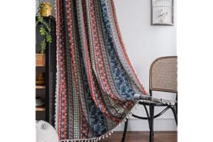 USTIDE Bohemian Striped Ethnic Curtain Moroccan Geometric Aztec Curtains Indian Style Window Treatments with Tassels Decor Rod Pocket Half Shade Curtain 63 Inches Long