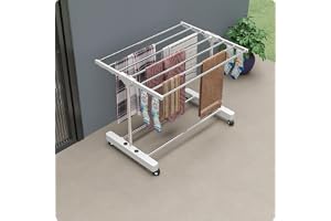 Amiraj 1 Tier 1-Pole Premium Heavy-Duty Stainless-Steel Clothes Drying Stand with Wheels Foldable Laundry Rack with Sock Holder Indoor & Outdoor Cloth Dryer for Balcony, Terrace & Home - White