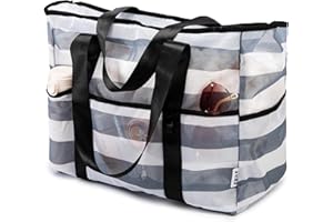 KUAK Mesh Beach Bag Extra Large Lightweight Foldable Printed Mesh Tote Bags with 9 Pockets, Zip Closure, Inner Waterproof Pocket for Swim Pool Shopping Picnic Family Vacation Travel