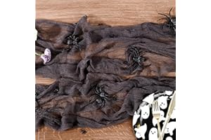 PAPU Halloween Tischläufer Käsetuch mit 12 Realistische Spinnen,400 x 60cm Cheesecloth Halloween Tischdeko Schwarze Tischdecke Tisch Dekoration für Halloween Party Tischdekoration