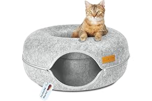 PISI BILI Cat Tunnel Round Felt with Fluffy Washable Cushion Cat Cave & Cat Bed Fluffy Doughnut Cat Basket as Cosy Sleeping Place for Cats 50 x 50 x 24 cm Grey