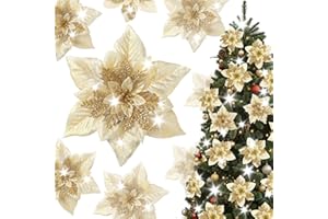 Alupssuc 24 Pieces Artificial Christmas Flowers Decorations Poinsettia Christmas Glitter Wedding Xmas Tree Ornaments Christmas Decorations with Clip and Stick, Gold
