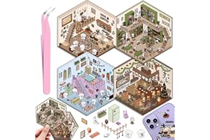 DRAUPNIR 4 Juegos DIY 3D Pegatinas Casa, DIY Sticker Scene Divertidas, Cafetería, Supermercado, Restaurante, Pegatinas 3D Escenas Lindo Cartoon Kit con 1 Pinzas