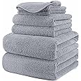 POLYTE Plush Quick Dry Lint Free Microfibre Bath Towel Set, 6 Pieces (Grey)