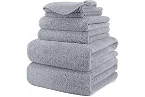 POLYTE Plush Quick Dry Lint Free Microfibre Bath Towel Set, 6 Pieces (Grey)
