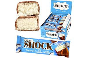 ‎FITNESSHOCK FitnesSHOCK Low Carb Riegel ohne Zucker 12-er Pack in dunkler Schokolade, 3,5g carbs, Fitness Eiweissriegel, ohne Mehl und Palmöl, ballaststoffreich, Kokos Geschmack 12x50g