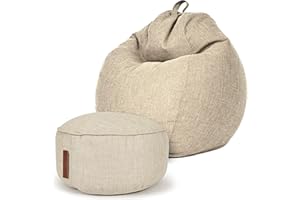 Green Bean© Juego: Puff para Interior + Taburete con Relleno de Perlas de EPS ǀ Cojín Puff Pera con reposapiés Asiento Pouf Muebles de salón