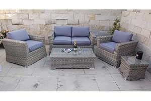 Ragnarök-Möbeldesign PolyRattan Lounge DEUTSCHE Marke - EIGNENE Produktion - 8 Jahre GARANTIE auf UV-Beständigkeit - Garten Möbel Glas Polster (Natur-Farben Rundrattan Optik) Gartenmöbel Alu
