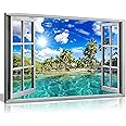 Panther Print, Modern Canvas Wall Art for Living Room, Framed Prints for Hallway and Stairs, Caribbean Beach Holiday 3D Window Effect, Prints for Special Occasions (36x24 Inch)