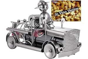 ‎BRUBAKER BRUBAKER Weinflaschenhalter Feuerwehr - Feuerwehrauto Metall Skulptur Flaschenständer - 32 cm Metallfigur Wein Geschenk für Feuerwehrmänner und Feuerwehrfrauen - mit Grußkarte
