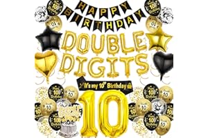 AURMONIGO Happy 10th Birthday Decorations for Boys - 77 Pieces Black and Gold Double Digits Theme Includes Banner, Number 10 Balloons, Hanging Swirls, It’s My Birthday Sash, for 10-Year-Old Birthday Party