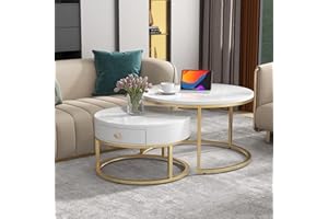 HAINEW Okrągły stolik kawowy, zestaw 2 szt., nowoczesny zestaw stolików pomocniczych z błyszczącym wzorem marmuru MDF i złotymi metalowymi nogami, stoliki do salonu, stoliki kawowe, Ø 50 x 43,5 cm/Ø 70 x 48