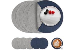 Myir JUN Manteles Individuales Redondos y Posavasos, Salvamanteles Individuales de Cuero Juego de 6 Mantel Individual Lavables Antideslizant Individuales Mesa (Gris Azul, Juego de 6)