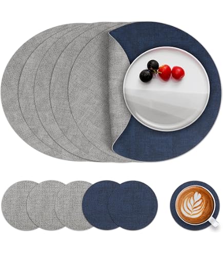 Sets De Table Myir - 6 Sets Cuir + Dessous De Verre - Antidérapants, Lavables - Résistants à La Chaleur - Gris Bleu
