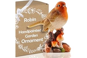 Muldale Robin Garden Ornament with Mushrooms - Lifelike Red Bird Figurine - 13cm Resin Statue - Great for Outdoor - Cute Robin Gifts