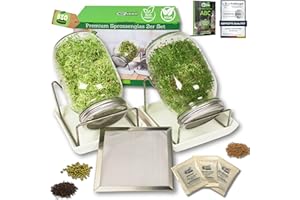 ‎GREEN SEEDS Green SEEDS® [Das Original Sprossenglas 2er Set + KRESSESIEB + 3 x Saatgut-Set mit hochwertigem Edelstahl-Gitterdeckel, Ständer, Keramikschale + Sprossen-ABC [Druckversion] Keimglas Anzuchtset
