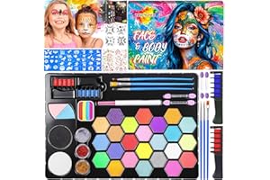 ZZXLOPEZ Peinture Corporelle Pour le Visage, 26 Colors Palette de Maquillage Enfant, Peinture Visage Enfant avec Pinceaux, Pochoirs, Diamant Autocollant, pour le Visage pour Halloween,Noël,Carnaval