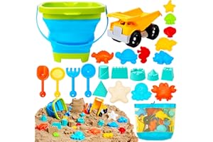 Sloosh Beach Sand Toys Set - Dump Truck Car Toy with Sand Molds for Toddlers Outdoor Play, Collapsible Foldable Buckets Mesh Bag Shovels Castle Animal Mold Sets, Kids Ages Sandbox Toys (Animals)