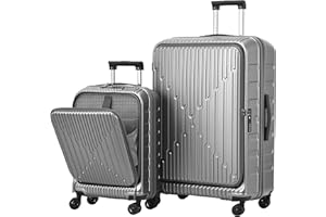 TydeCkare 2 Pieces 19/29 Luggage Sets, 29 Inch Side Opening Checked Suitcase & 19 Inch Carry On Luggage with Front Pocket, Ligthweight ABS+PC Hardshell, Gray