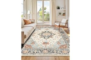INOVADAY Machine Washable Rugs 180x270 cm Vintage Area Rug Low Pile Anti-Slip Carpet with Print Pattern for Living Room Bedroom Home Office Indoor Beige/Blue/Orange
