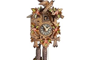 EBLE Orologio a cucù originale della Foresta Nera in vero legno, movimento meccanico con carica di 1 giorno e certificazione VDS, motivo con 5 foglie dipinte, 23 cm, 20-01-14-10