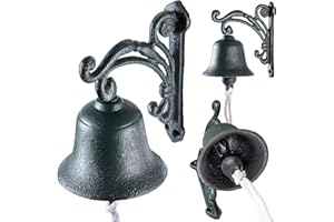 KADAX Timbre de puerta de hierro fundido, campana de jardín con cordón, decorativo estilo rústico, campana para puerta exterior, timbre de puerta montado en la pared (verde)
