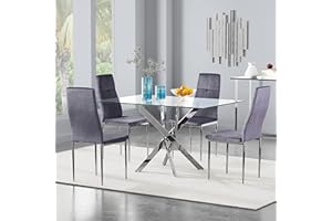 GOLDFAN Modern Glass Dining Table and 4 Chairs Set Rectangle Kitchen Table and Fabric Velvet Chairs with Chrome Legs,Grey/120CM