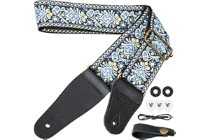 VOHALO Gitarrengurt für Akustik- & E-Gitarren Extra gepolsterte Schulterauflage Vintage Blumenmuster 100-150cm verstellbar inkl. Plektren & Zubehör