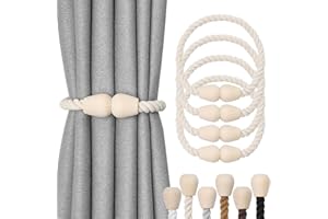 Pretty Jolly 4 Pack Wooden Magnetic Curtain Tiebacks Elegant Boho Home Decoration Drape Tie Backs Natural Cotton Handmade Rope Curtain Holdbacks for Home & Office Window Drapery (Beige)