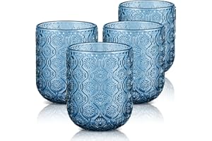 Joeyan Lot de 4 Verres à Eau en Verre Bleu, 260ml Verres à Jus et Soda, Vintage Verres à Boire Décoré en Floraux Relief, Verre de table Pour Eau Gazeuse Apéritif et Bière, Lavable Lave-Vaisselle
