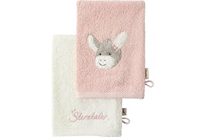 STERNTALER Emmi Girl Lot de 2 gants de toilette Motif âne Rose uni avec broderie et logo