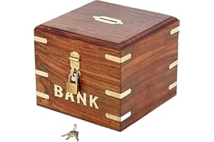 Ajuny Wooden Money Bank, Handcrafted Wood Square Shape Decorative Coin Piggy Bank with Lock and Key Money Saver Storage Safe and Secure Box for Adults and Kids Birthday Gift Decor