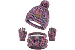 VZV Kinder Wintermütze Schal Handschuhe Set, Mädchen Warme Winter Strickmütze mit Bommel Schal Handschuhe für Jungen Mädchen 2-14 Jahre