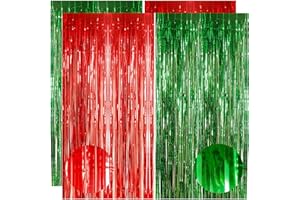 YAAVAAW 4pcs 3.2 x 8.3ft Glitter Xmas Red and Green Tinsel Curtain Christmas Foil Curtain Door Streamers Fringe Curtains Backdrop Xmas Party Decorations Backdrop Banner for Indoor Home School Office