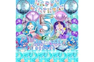 SYLPHLIKEONIRIC Meerjungfrau Geburtstag Deko 5 Jahre, Meerjungfrauen Geschirr Pappteller Geburtstag Party Set, Meerjungfrau Servietten Luftballons Banner Tasse Tischdecke Stroh (Meerjungfrau Deko 5 Jahre Mädchen)
