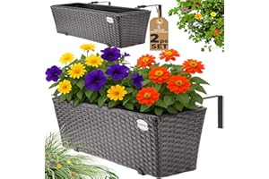 CASARIA® Set of 2 Flower Boxes | Weatherproof Rattan | Hangable with Mounting Brackets | Floating Planters Balcony | Windowsill | Railing | Gate | Fence | 60x20x19cm | 11 L | Brown