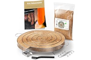 ‎GRILL'N CHIPS Kaltrauchgenerator (30 cm)/ Räucherschnecke für Räucherofen + 1,2 kg Räuchermehl Buche + 4 Fleischhaken & Reinigungsbürste – Edelstahl-Spirale für Fleisch, Fisch, Wurst – Inkl. PDF-Ratgeber (Gratis)
