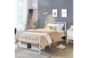 Yaheetech Metallbett 90 x 200 cm Bettrahmen mit Hohem Kopfteil, Einzelbett Bettgestell mit Lattenrost, Jugendbett mit Industriestil Gästebett Industriebett für Schlafzimmer Gästezimmer, Weiß