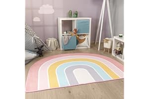 Paco Home Nursery Area Rug Kids Round Rug For Bedroom Girls Boys Rainbow Machine Washable Modern, Size:120x160 cm rainbow shape, Colour: Pink Blue Yellow