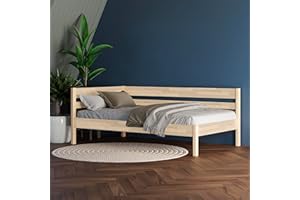‎HANSALES Holzbett 90x200 cm Scandi Style ohne Rollrost aus unbehandeltem hartem FSC® Birken Vollholz - über 350 kg - Einzelbett Bettgestell mit winkelformiger Rückenlehne - Kinderbett Jugendbett Gästebett