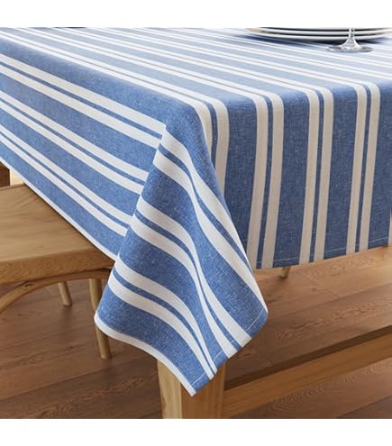 Linen & Cotton Luxe Tafelkleed Olivier Rustiek Landelijk Wijnoogst - 100% Linnen, Wit Blauw (150 x 200 cm) Tafellinnen Stof Rechthoekig Gestreept voor Home Keuken Zomer Feest Partij Binnen en Buiten