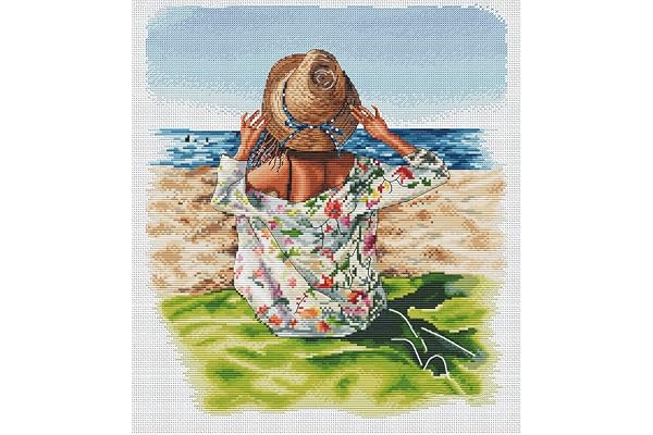 cukol cukol Canevas Broderie Point de Croix Kit Complet Adulte - Facile Kit Broderie Debutant pour Loisirs Créatifs Activité Manuelle, 46x51 cm 11CT Fille Plage Imprimé Cross Stitch Embroidery Set