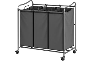 Simple Houseware Heavy Duty 3-Bag Laundry Sorter Rolling Cart, Dark Grey – Durable Triple Laundry Hamper with Removable Bags and Lockable Wheels for Efficient Laundry Organization