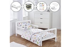 ELEGANT BABY 7 Piece White Toddler Bed Bundle, With Pocket Sprung Mattress & Circus Friends Reversible Bedding, Solid Pine Wood Base | (Junior & Children's Bed)