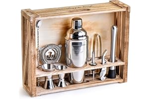 MIXOLOGY & CRAFT Mixology Bartender kit : Barre de 11 pièces Ustensiles de Cuisine avec support en bois rustique – Perfect Home Appli kit et ensemble de Shaker à cocktail pour une expérience remarquable Drink