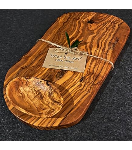 What the Art!® Olive Wood «Little Rustic» | Olijfhout snijplank dipschaaltje | Handgemaakt | ca. 32-35 x 16-20 x 2 cm | Kaasplank - Hakbord