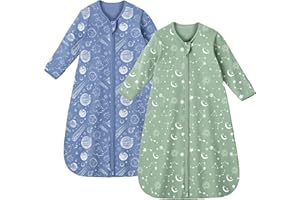 Unnivoll Baby Sleeping Bag 0.5 Tog 0-6 Months Long Sleeve Summer Sleep Sack 2 Pack 100% Cotton Baby Sleep Bag Wearable Blanket for Newborn Infant Blue Green Constellation