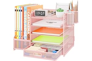 ‎VITVITI VITVITI Schreibtisch Organizer, 5 Ebenen Briefablage mit Schubladen, Aktenhalter mit 2 Stiftehalter, Büro Organizer mit Stehsammlere, Bürobedarf für A4 Dokumentenablag (Rosa)