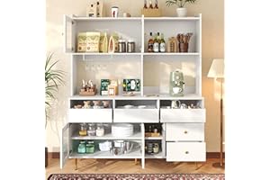 Oslghy Alacena de Cocina, Armario Cocina Alto, Mueble Aparador Comedor Salon con Puerta de Cristal y Botellero, Aparador Alto, Mueble Auxiliar de Salon con 5 Cajones y Estantes, Blanco, 145×39×171cm